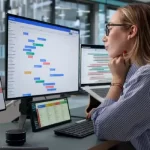 Woman working on a desktop and attending the video team meeting
